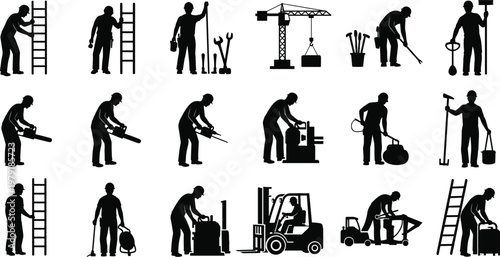 Large Set of Construction Worker Silhouettes Operating Machinery and Using Tools for Industrial Building Site Maintenance and Professional Manual Labor Tasks