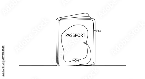 Minimalist passport line art, travel document icon, simple one line drawing