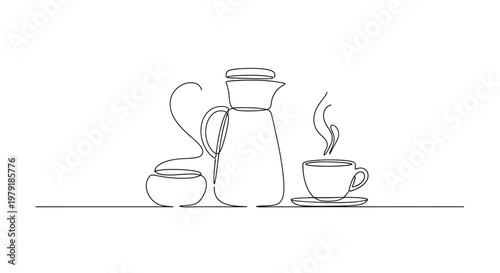 Minimalist Line Art: Coffee Pot, Sugar Bowl, and Steaming Cup on White Background