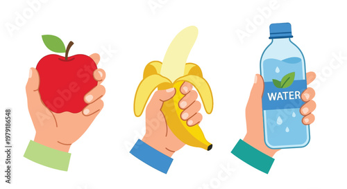 Hands holding a red apple yellow banana and bottle of water