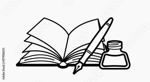 Vintage Fountain Pen and Inkwell with Open Book, Symbolizing Knowledge, Creativity, and Classic Writing