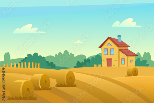 A charming farmhouse stands amidst golden fields and rolling hay bales