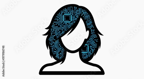 Digital Brain Concept Human head with circuit board hair representing AI, technology, and interconnected thought