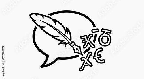 Calligraphy pen writing symbols and speech bubble illustration for communication and language concepts