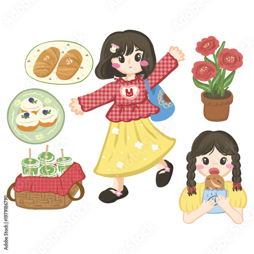 cute spring picnic collections girls date hand drawn illustration vector