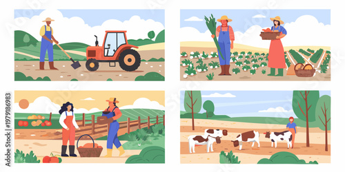 Illustrations depicting diverse farmers harvesting crops and tending to livestock