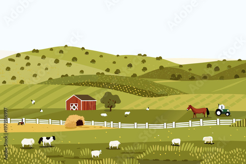 Peaceful countryside scene with a farm fields and grazing animals