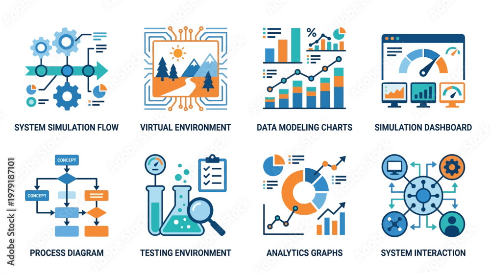 Fototapeta premium A comprehensive vector set of business and technology icons depicting system simulation flow, virtual environments, data modeling charts, and analytics graphs.