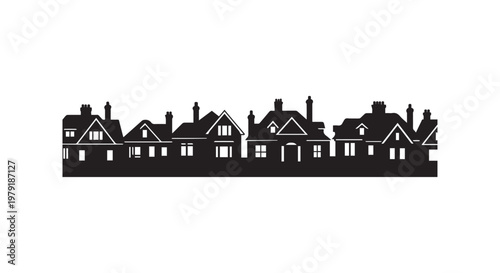 A black and white illustration of a train and an old-fashioned house showcasing vintage travel and architecture
