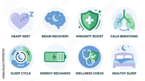 Vector set of wellness icons illustrating health benefits through sleep, recovery, and immunity boost in a calm environment with people sleeping and recharging.