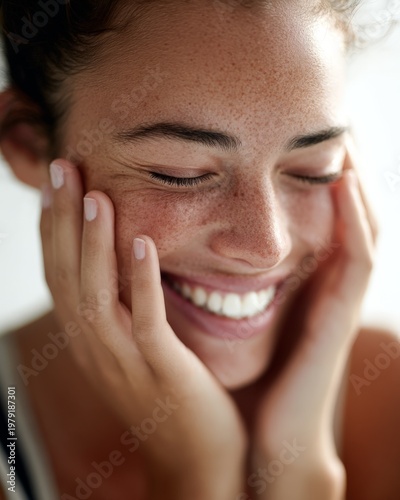 close-up of a woman laughing naturally with her hands in her face