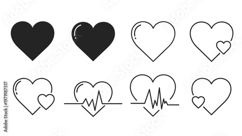 Variety of black heart shapes and icons including solid forms and medical pulse lines for love and cardiology health related designs.