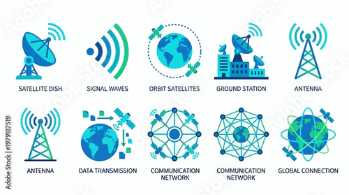 A vector set of telecommunications icons depicting satellite dishes, signal waves, orbit satellites, and ground stations for global connectivity and data transmission.