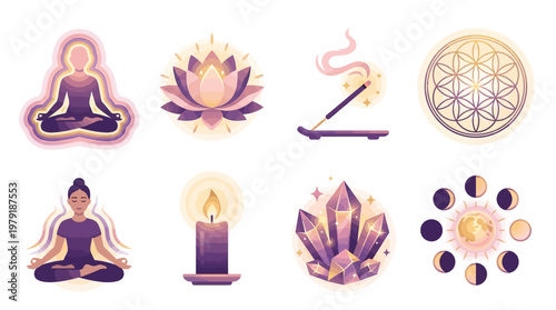 A serene vector set of meditation icons featuring a person, lotus, candle, crystal, and moon phases in a spiritual environment.