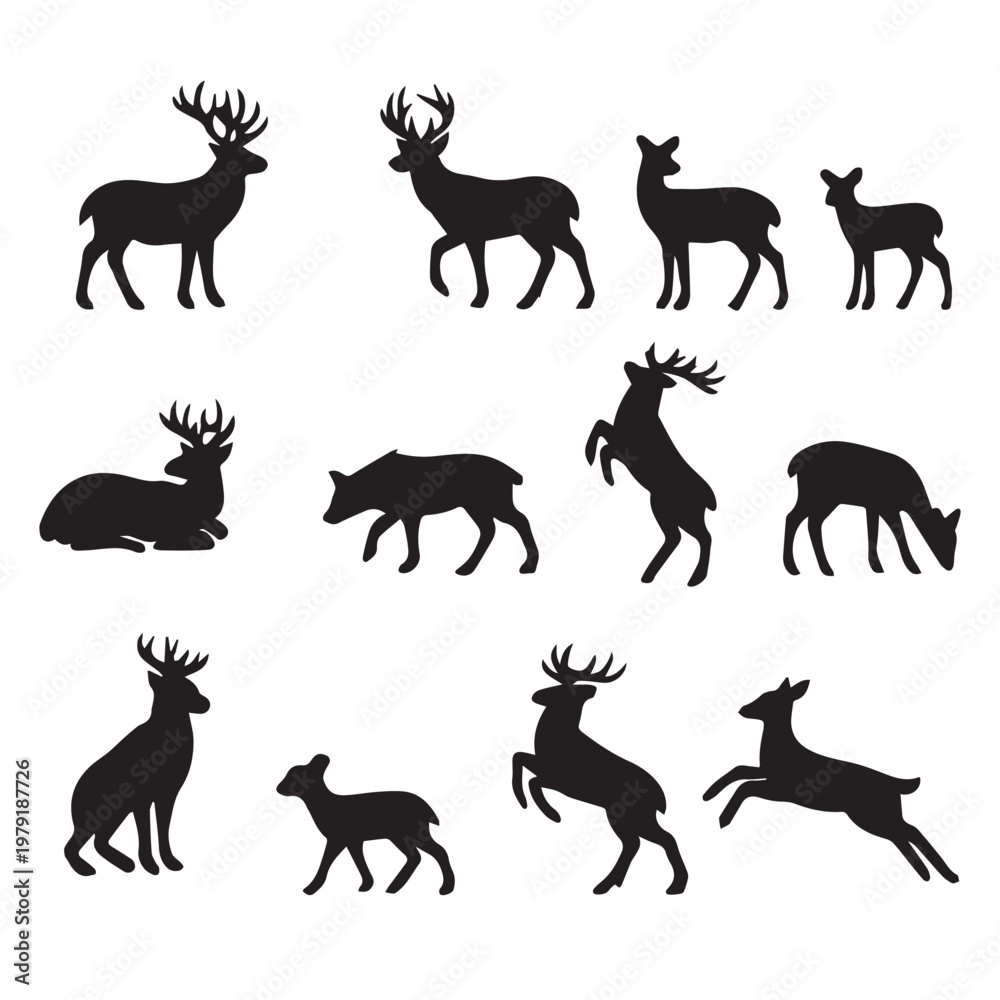 Fototapeta premium A collection of black deer silhouettes in various poses on a white background