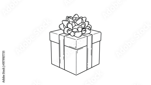 Detailed black and white line drawing of a square gift box tied with a large intricate ribbon bow for coloring or minimalist design use.