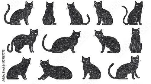 Collection of Black Cats in Various Poses and Styles.