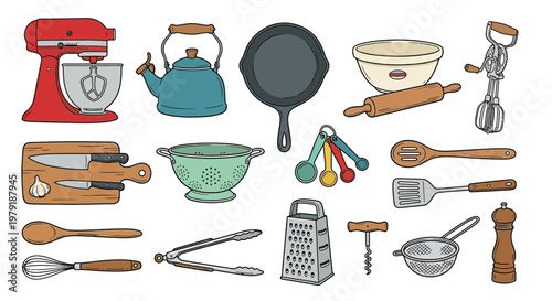 Colorful illustration of various kitchen tools and cookware arranged on a white background