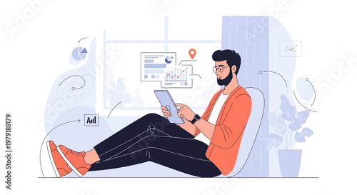 Man analyzing data on tablet, remote work, modern office, business analytics, digital technology