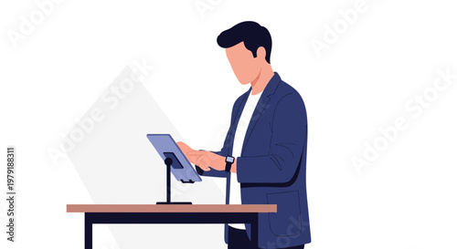 Man in Suit Using Tablet at Podium - Business Presentation Concept