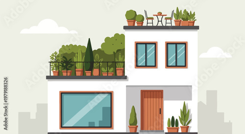 White house with brown door and plants.