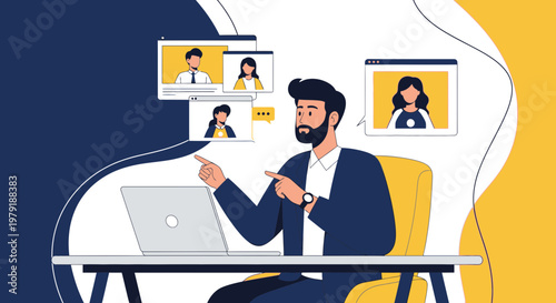 Man in Video Conference Call with Colleagues Working Remotely