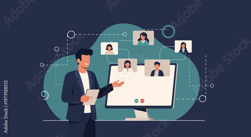 Man leading online meeting with video conference on computer screen, business communication