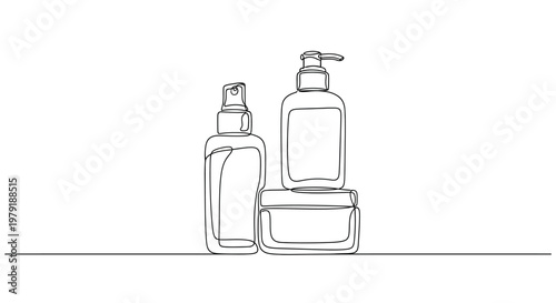 Minimalist Line Art: Skincare Bottles and Jar on White Background