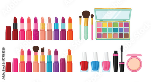 Colorful collection of makeup products including lipstick eyeshadow and nail polish