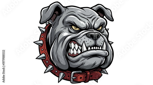 Cartoon angry bulldog head with spiked red collar