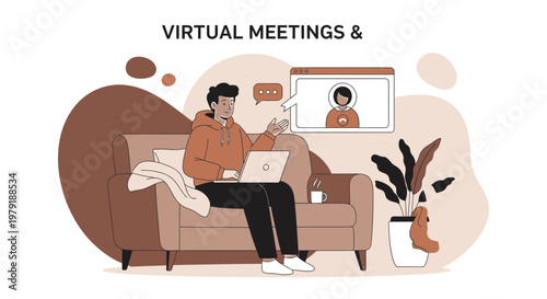 Man on Sofa Having Virtual Meeting on Laptop, Online Communication Concept
