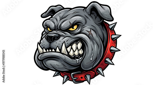 Angry bulldog head with spiked red collar cartoon style