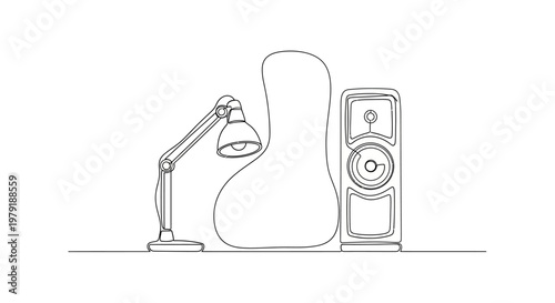 Minimalist Line Art: Desk Lamp and Speaker on White Background