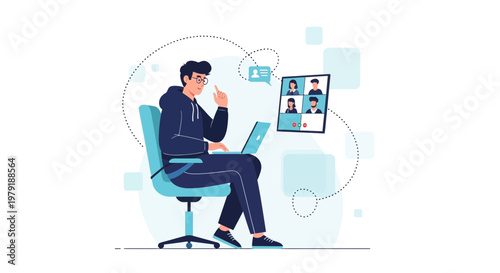 Man on Video Call, Remote Work, Online Meeting, Home Office, Technology Concept