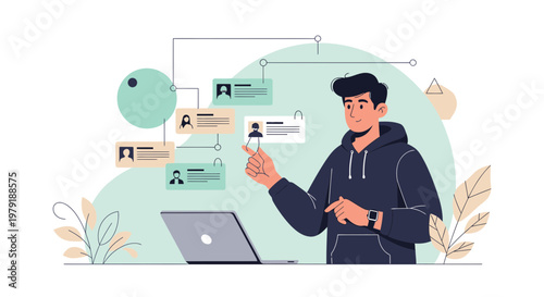 Man Organizes Team Structure Online Using Laptop and Flowchart