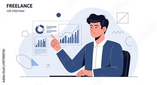 Man pointing at business charts, freelance job interview concept illustration