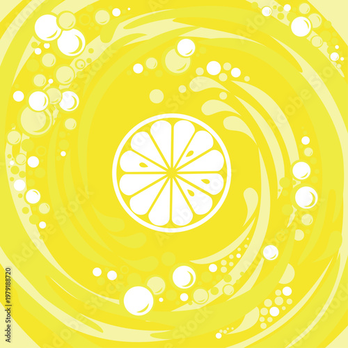 Yellow background with lemon. Single cross section of lemon.  Close-up. Sweet smudges splashes drops on yellow background. Spiral round and abstract curves forms. Yellow juice splash circle. vector