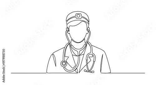 Doctor with Stethoscope and Headlight, Minimalist Line Art