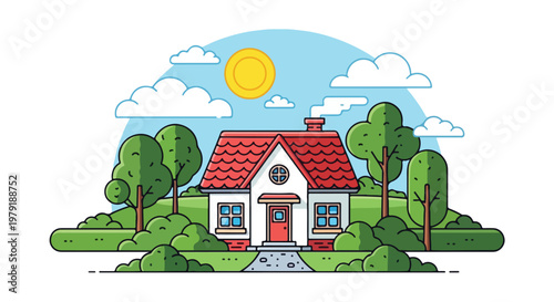 Small white house with red roof.