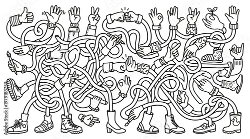 Many hands gesturing in different ways with peace signs thumbs up