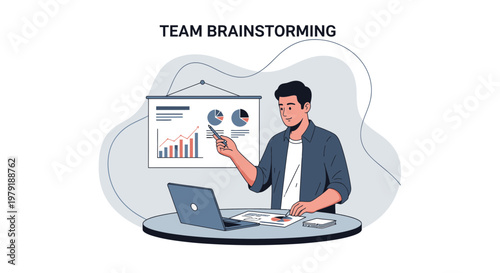 Man presenting business charts and graphs during team brainstorming session