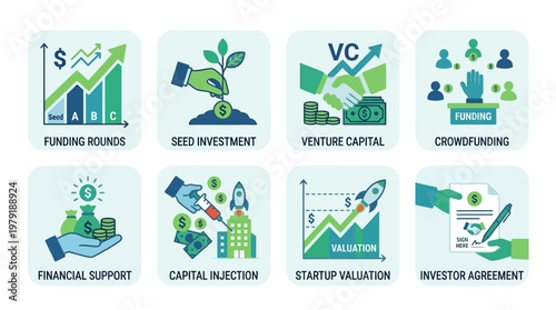Vector set of business finance icons depicting funding rounds, seed investment, and venture capital in a modern office environment.
