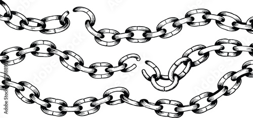 Broken chain ink illustration black and white line art. Broken chain symbolizing freedom, liberation, and breaking limits.	