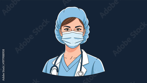 Professional portrait of a female healthcare worker wearing a blue medical cap and mask with a stethoscope for pandemic safety themes.