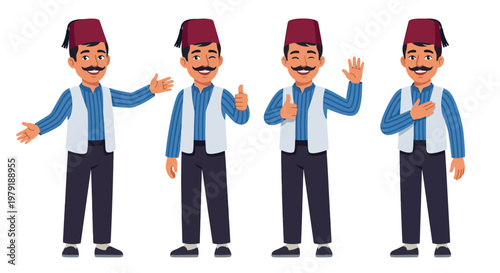 Four cartoon illustrations of a man in traditional turkish clothing