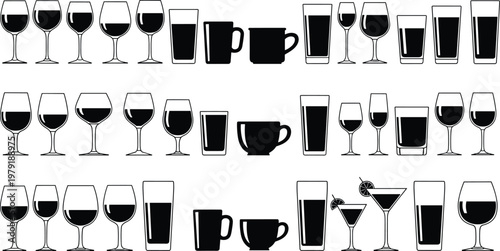 Collection of beverage glassware silhouettes featuring wine glasses, cocktail cups, mugs and tumblers in black isolated vector icon set design