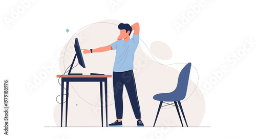 Man stretching at desk with computer, home office break, healthy work habit