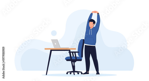 Man stretching at desk with laptop, office break, healthy work lifestyle