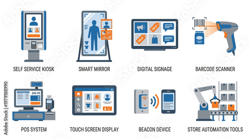 Vector set of modern retail technology icons including self-service kiosk, smart mirror, digital signage, barcode scanner, POS system, touch screen display, beacon device, and store automation tools.