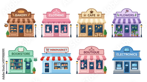 A vibrant vector set of various storefronts including a bakery, clothing store, cafe, flowers shop, bookstore, minimarket, boutique, and electronics store.